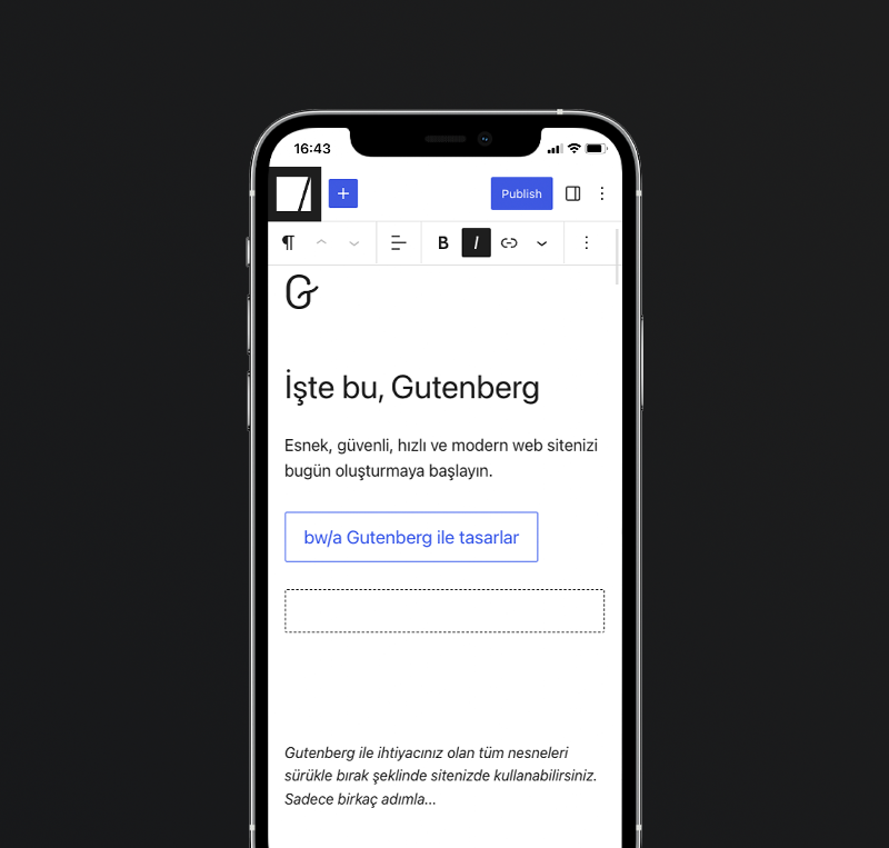 Gutenberg, mobil uyumlu bir editördür.