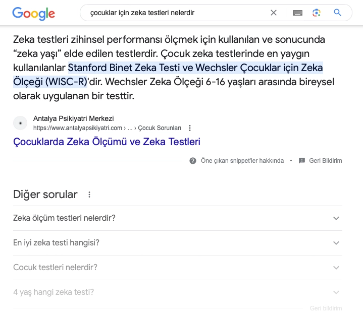 Görselde psikologlara yönelik SEO örneği olarak 